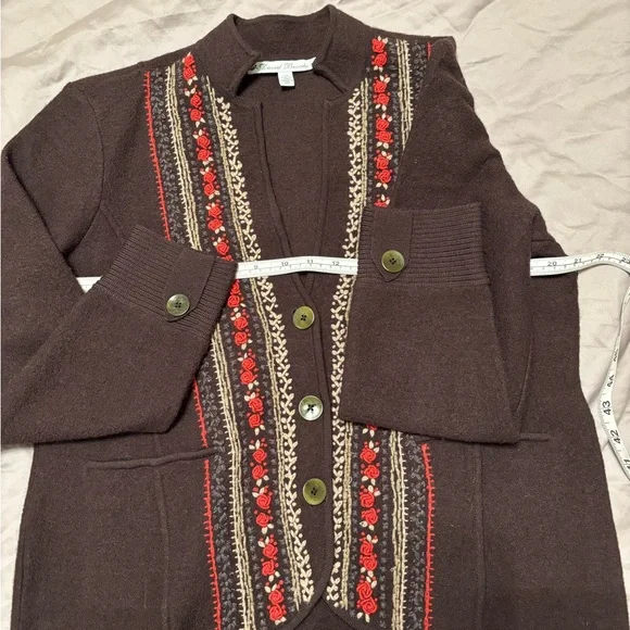 David Brooks 100% Wool Embroidered Cardigan Sweater Jacket Brown Floral Size L - Picture 10 of 12